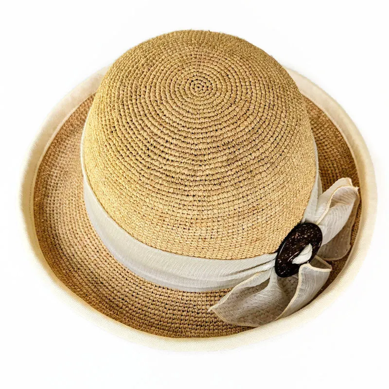 206-c Crochet Raffia Sun Hat with adjustable fit with cream trim