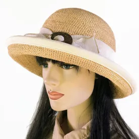 206-c Crochet Raffia Sun Hat with adjustable fit with cream trim