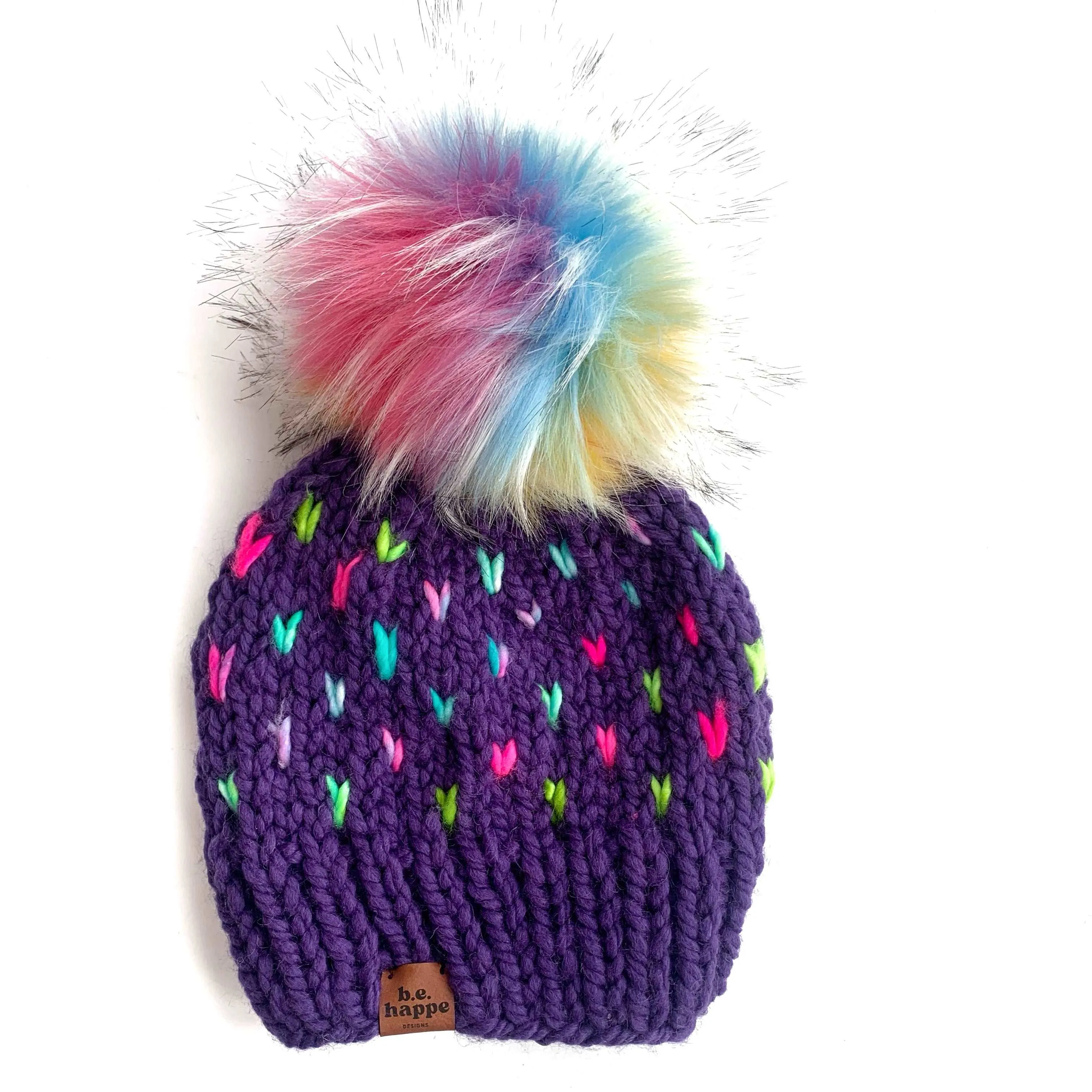 6-12 month Baby Hearts Knit Pom Hat | Purple Rainbow