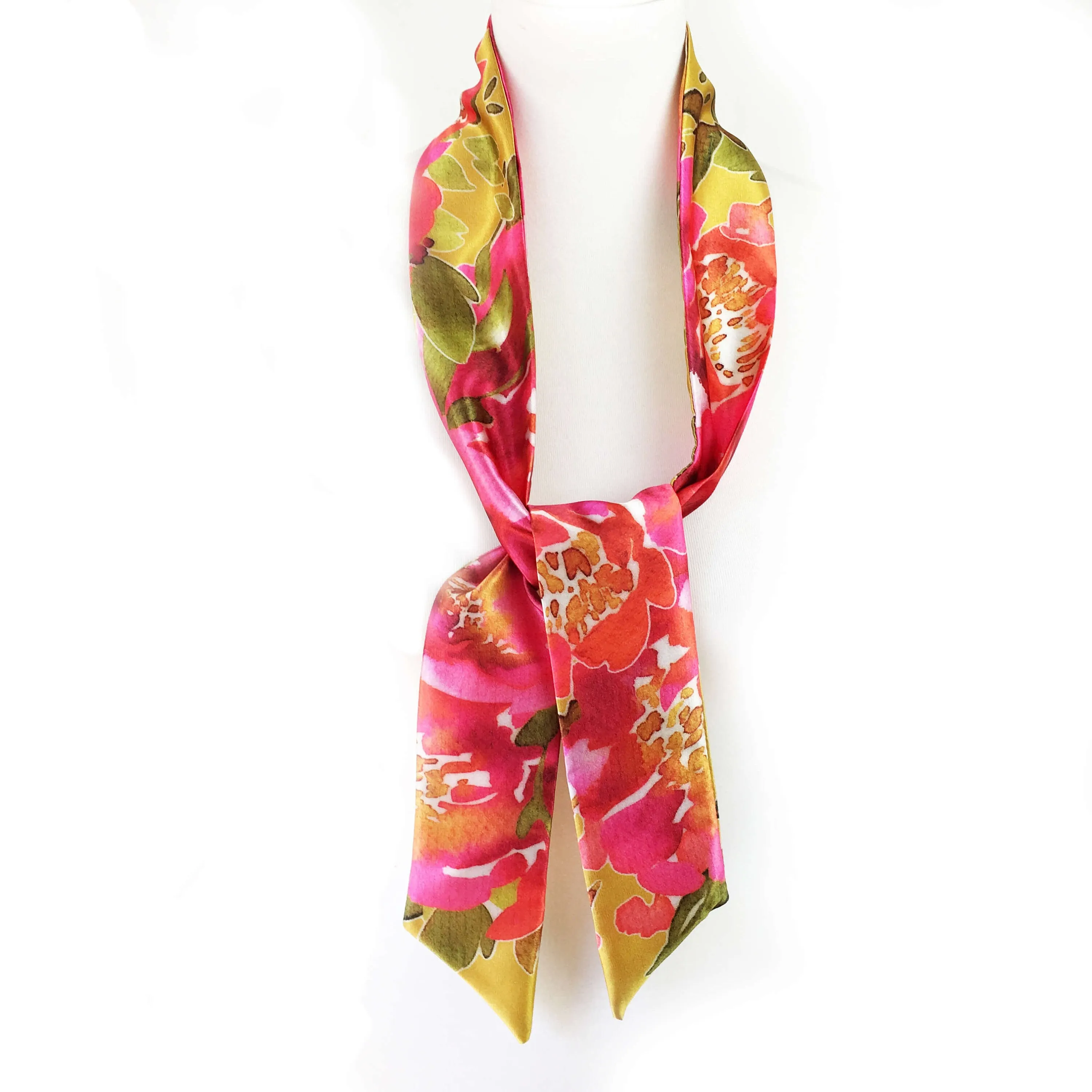 Abstract Petals Mustard,Skinny Scarf,Woman Scarf,All season scarf,LightweightScarf,ladies scarf,artist scarf,painted scarf,satin scarf