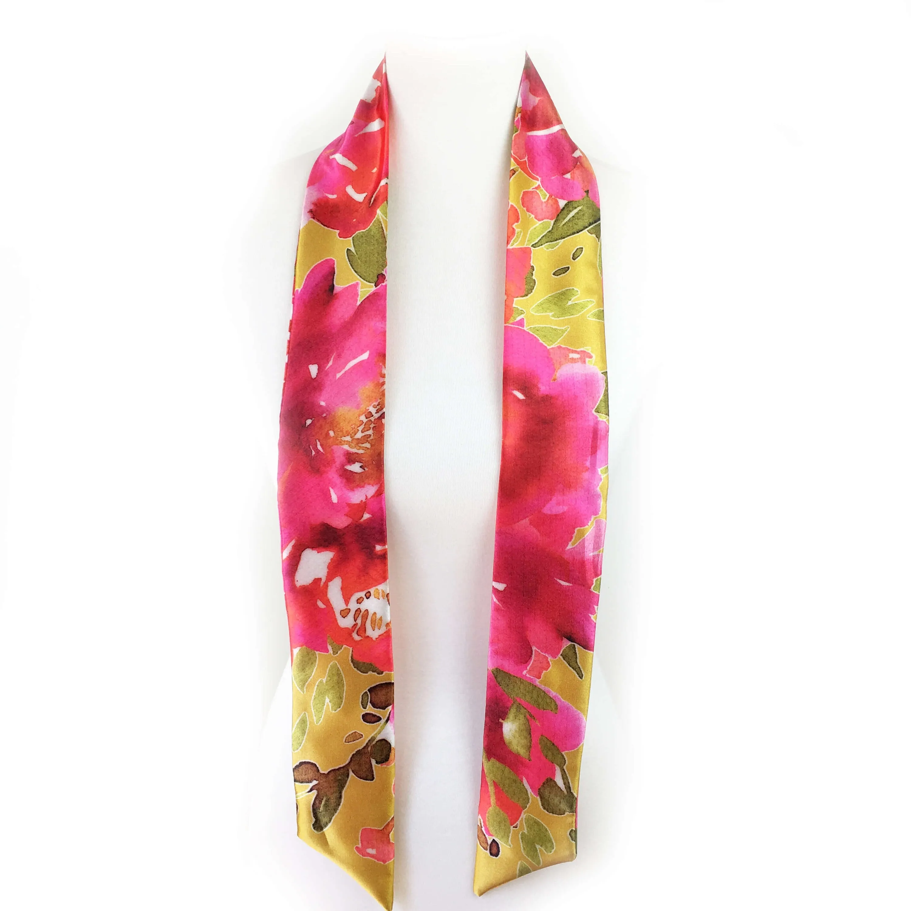 Abstract Petals Mustard,Skinny Scarf,Woman Scarf,All season scarf,LightweightScarf,ladies scarf,artist scarf,painted scarf,satin scarf