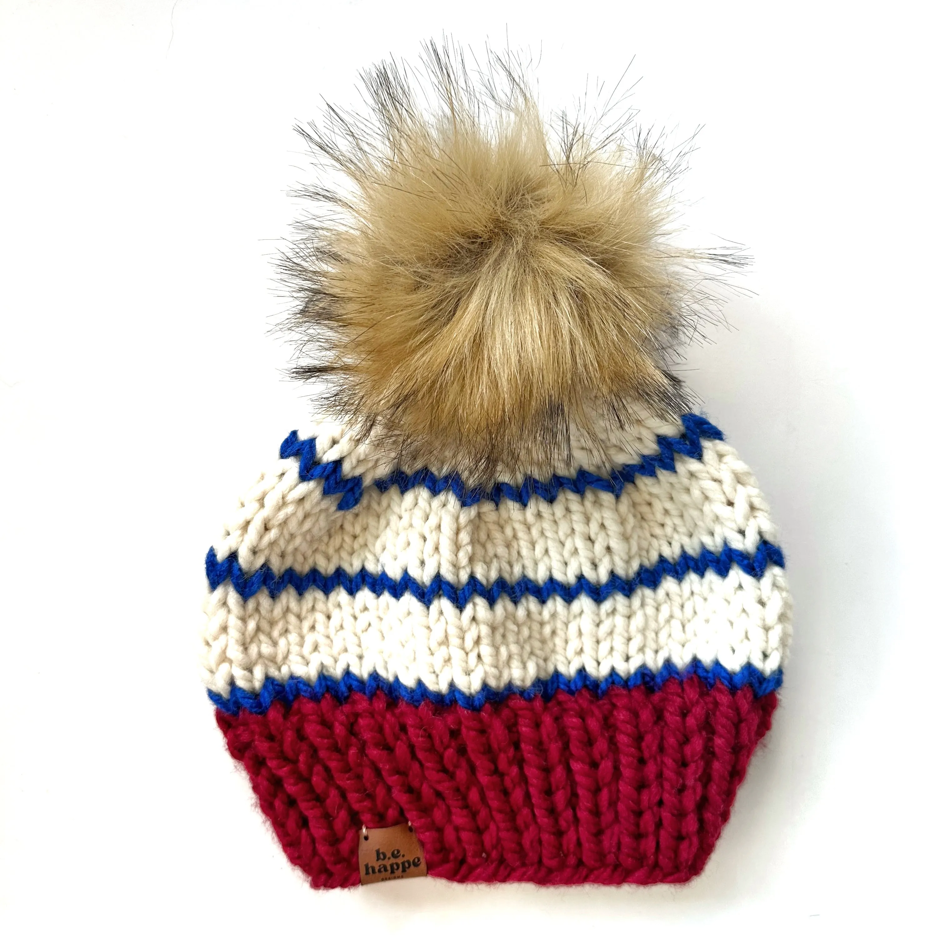 Adult Stripe Knit Pom Hat | Red   Royal Blue