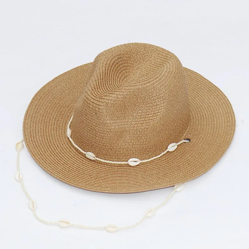 Beach Straw Hat With Designer Shell Chain