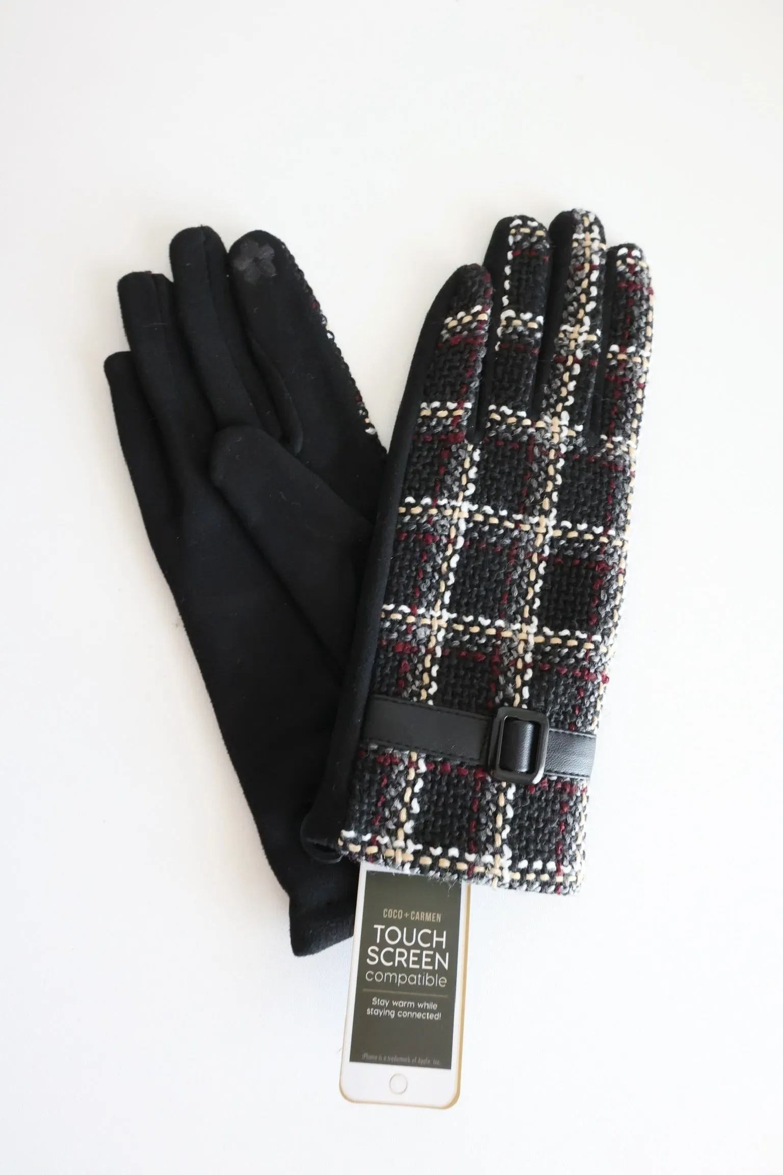 Belted Plaid Touchscreen Gloves - Black