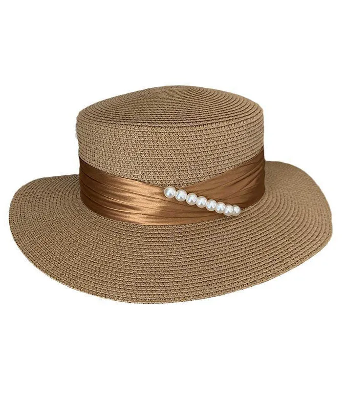 Boutique Khaki Pearl Straw Woven Beach Floppy Sun Hat