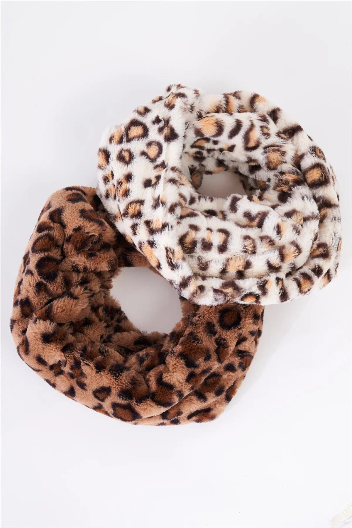 Brown Leopard Print Faux Fur Infinity Winter Scarf /3 Pieces