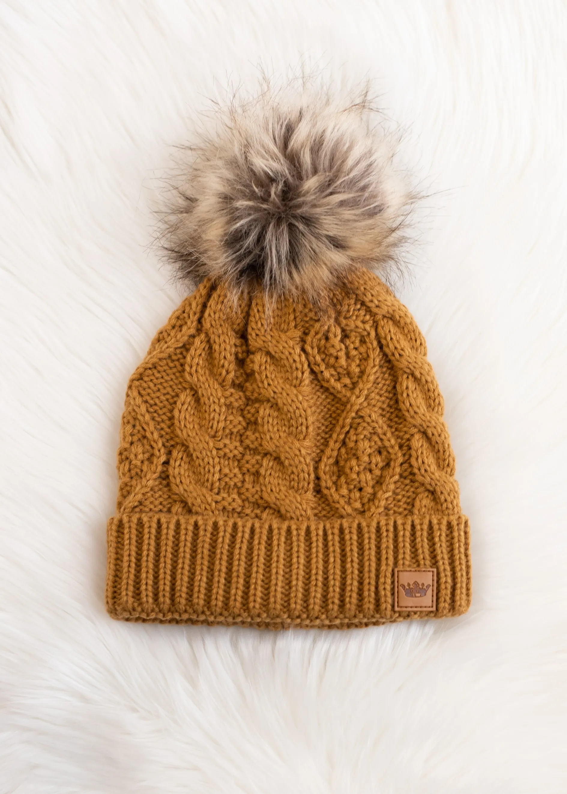 Camel Cable Knit Pom Beanie