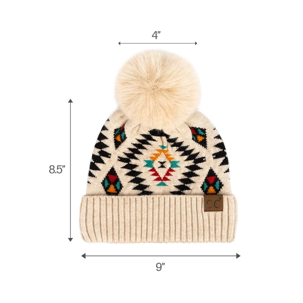 C.C Aztec Soft Faux Fur Pom Matching Mommy & Baby Beanie Set