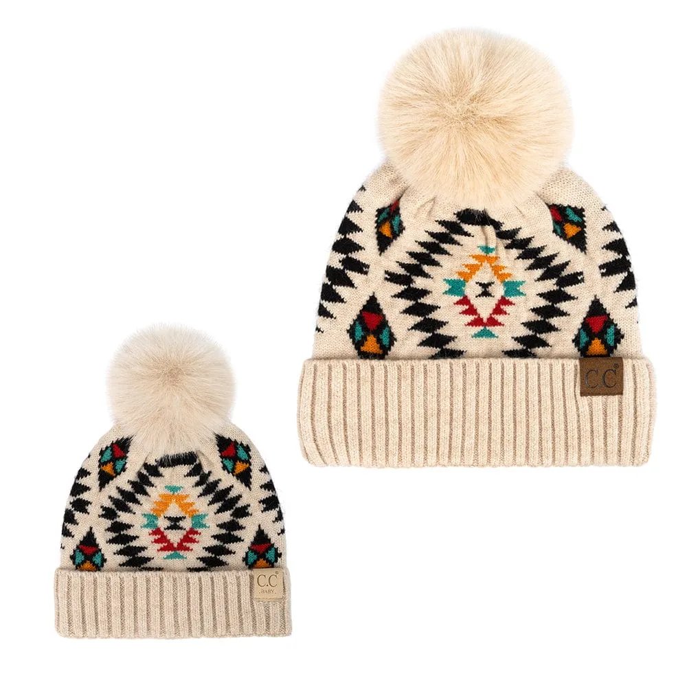 C.C Aztec Soft Faux Fur Pom Matching Mommy & Baby Beanie Set