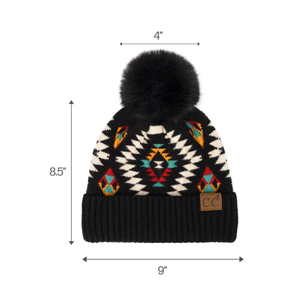 C.C Aztec Soft Faux Fur Pom Matching Mommy & Baby Beanie Set