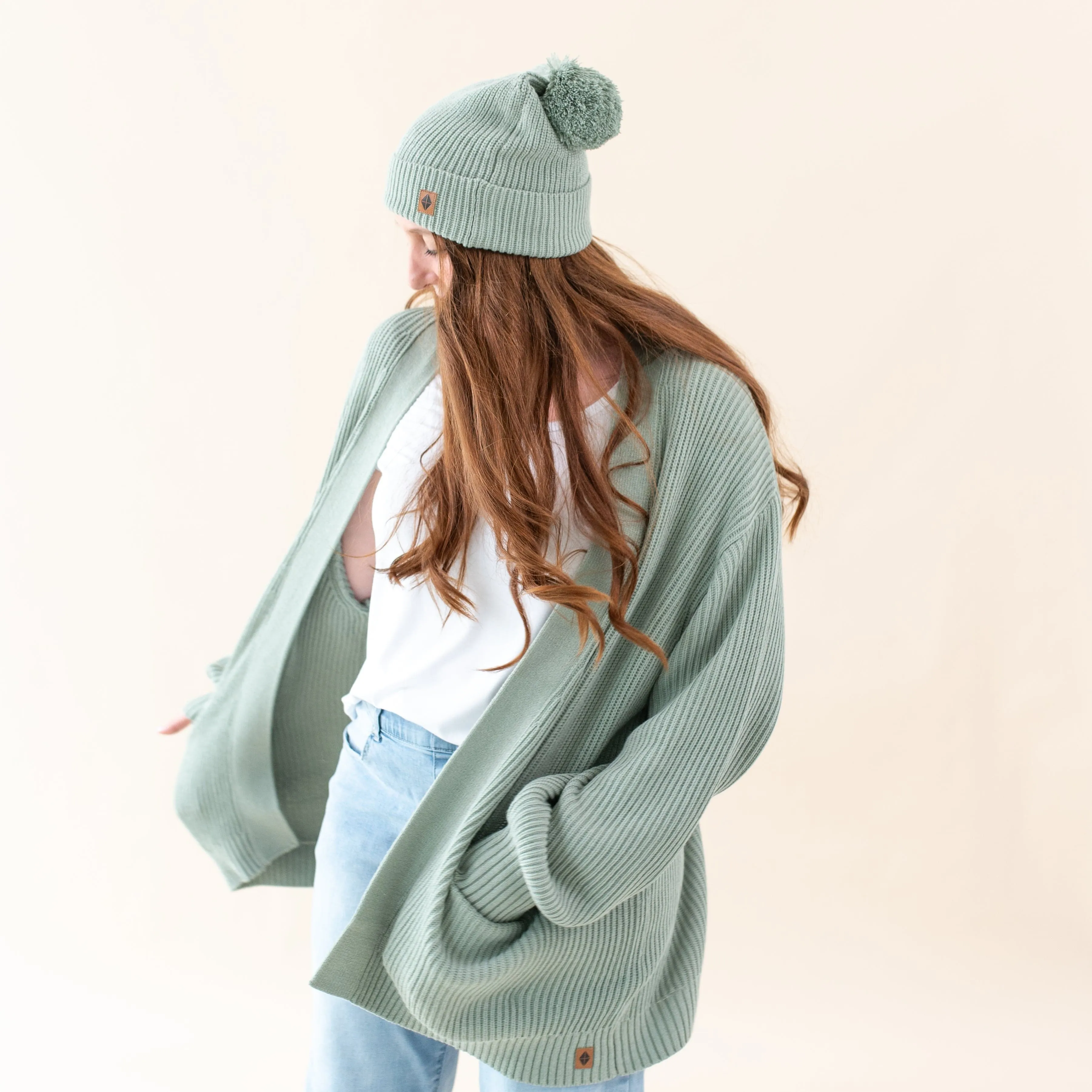 Chunky Knit Adult Pom Beanie in Thyme