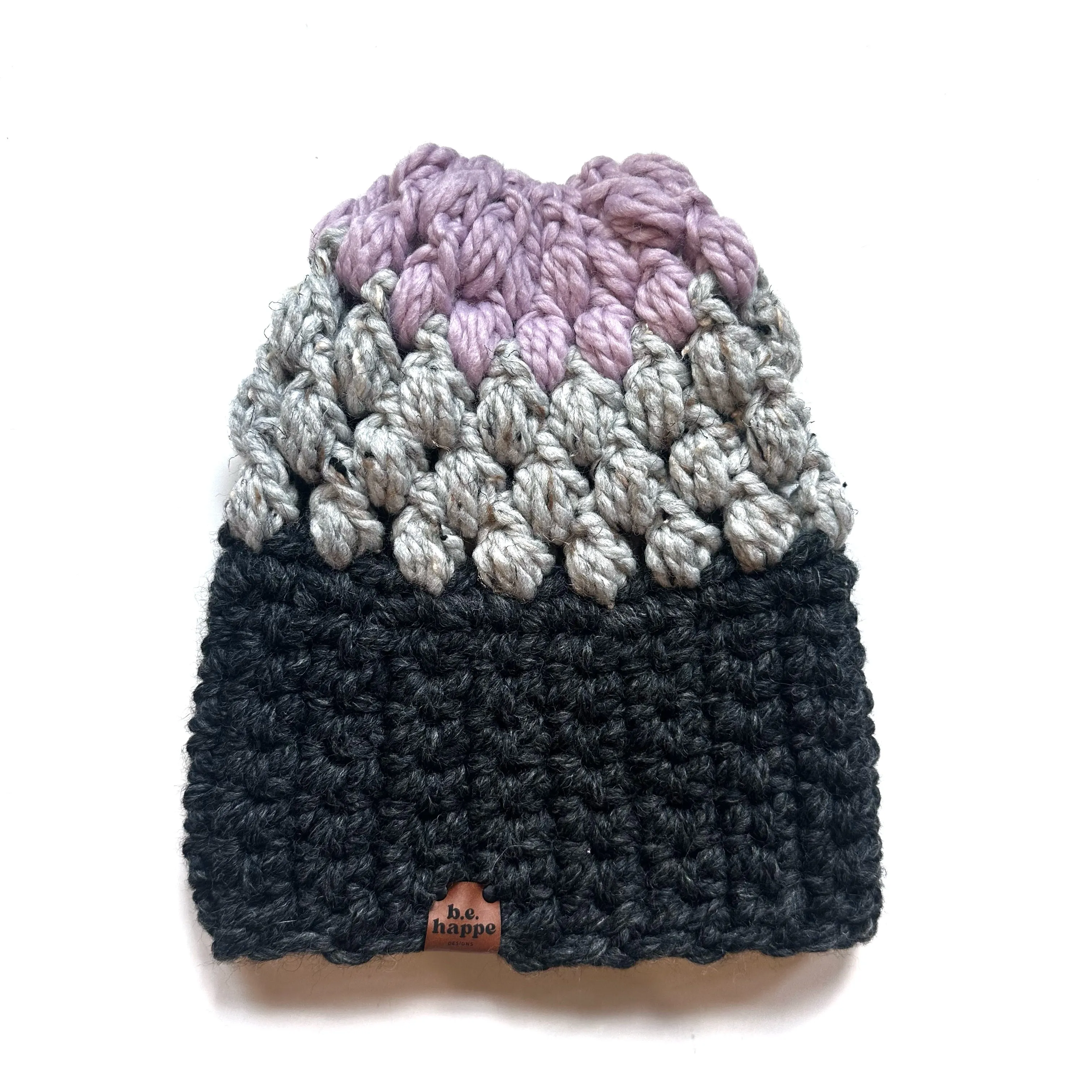 Crochet Puff Stitch Slouch Hat | Grey   Purple Color Block