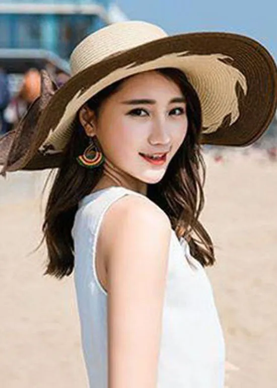 Fashion Coffee Bow Patchwork Straw Woven Beach Floppy Sun Hat LC0555