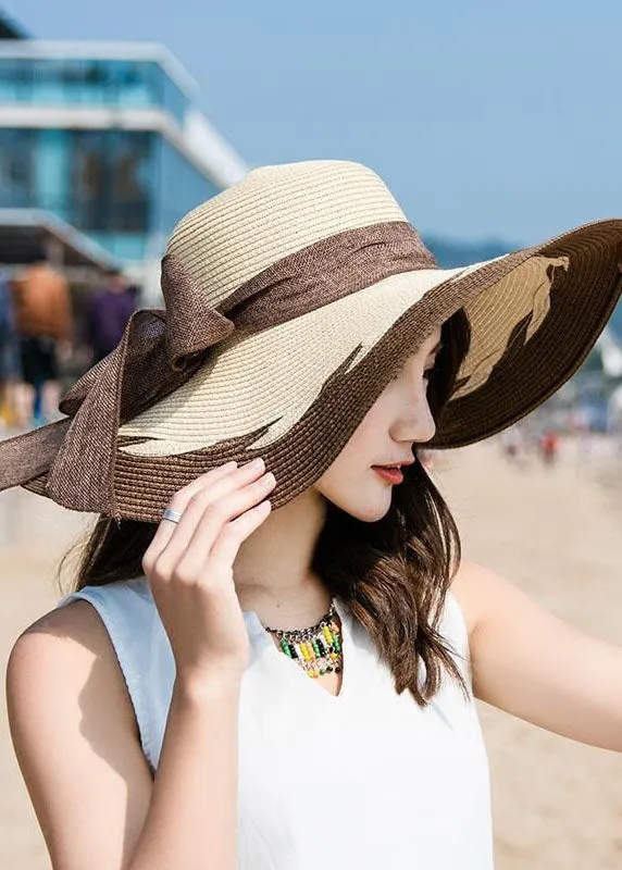 Fashion Coffee Bow Patchwork Straw Woven Beach Floppy Sun Hat LC0555