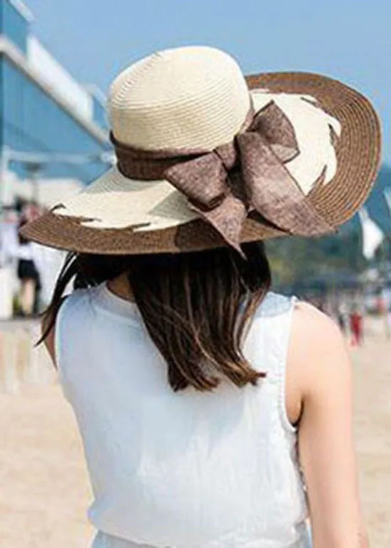 Fashion Coffee Bow Patchwork Straw Woven Beach Floppy Sun Hat LC0555