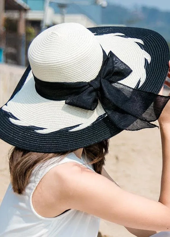 Fashion Coffee Bow Patchwork Straw Woven Beach Floppy Sun Hat LC0555