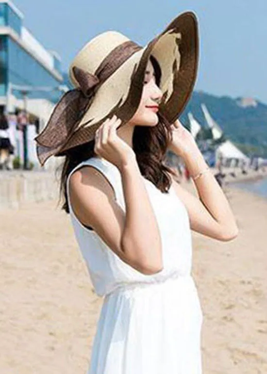 Fashion Coffee Bow Patchwork Straw Woven Beach Floppy Sun Hat LC0555