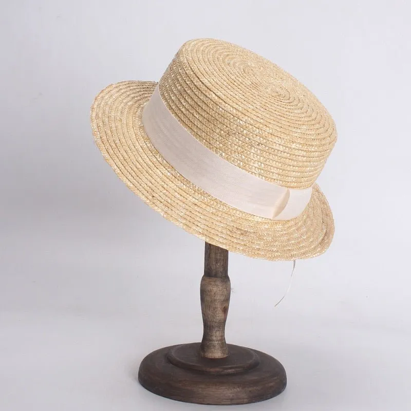 Flat Straw Hat With White Ribbon