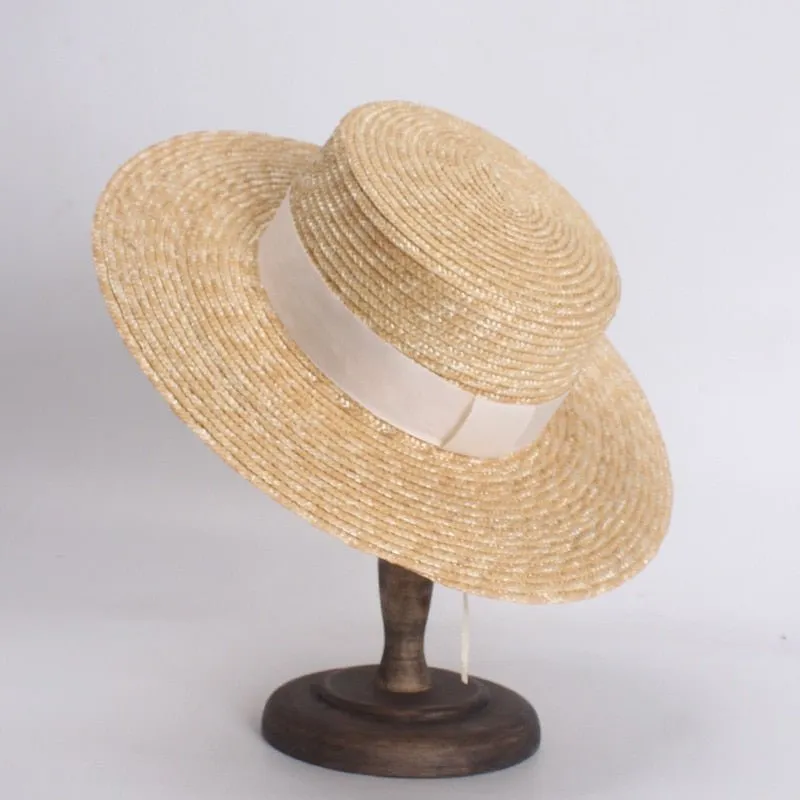 Flat Straw Hat With White Ribbon