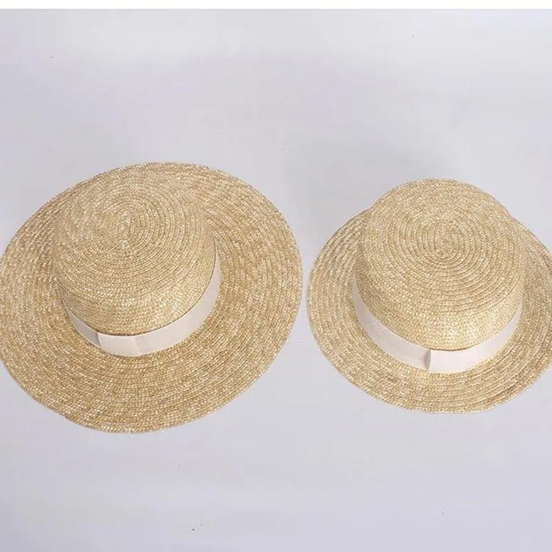 Flat Straw Hat With White Ribbon