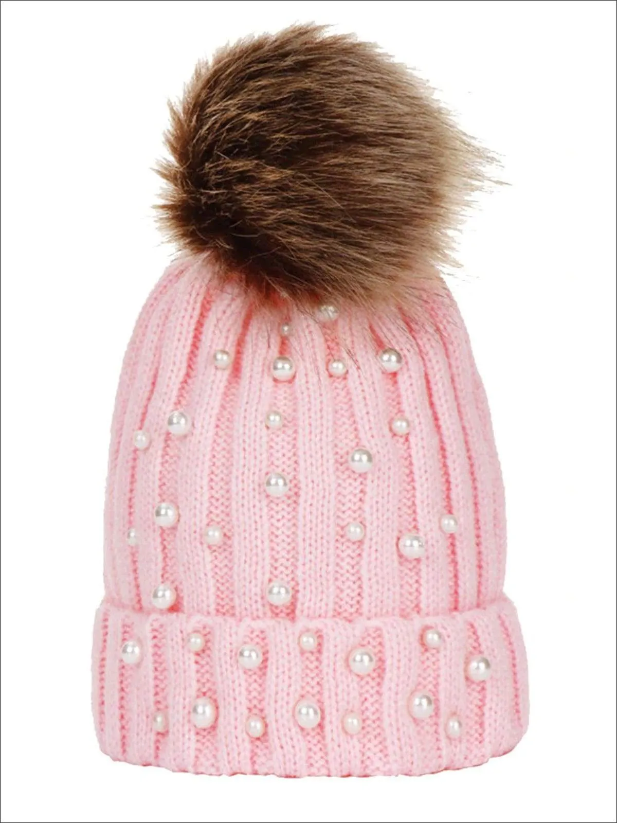 Girls Cable Knit Pearl Embellished Winter Beanie