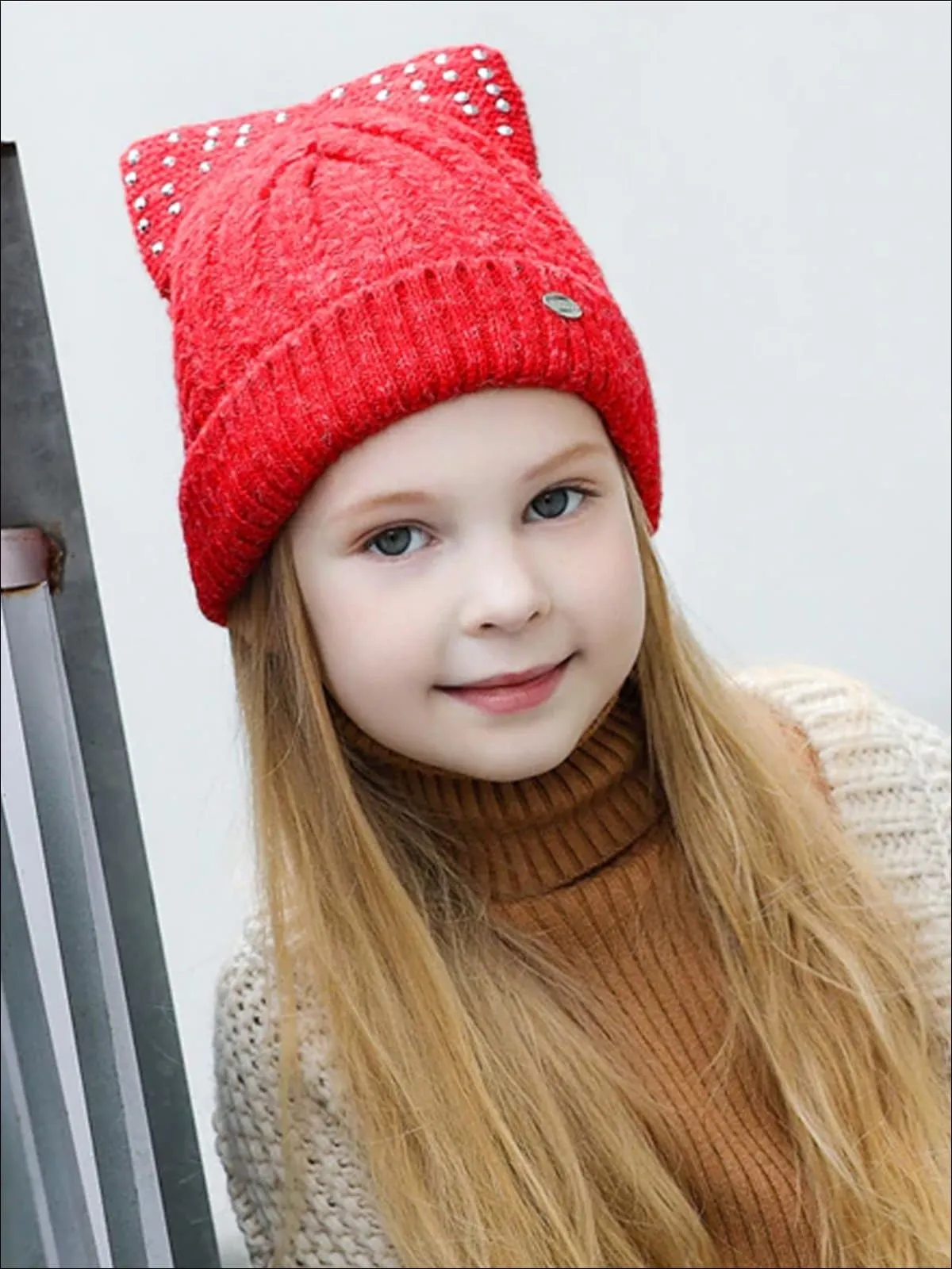 Girls Fall Cable Knit Animal Ear Embellished Beanie