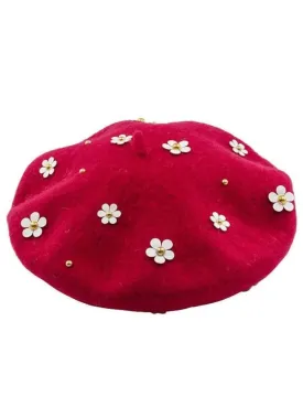 Girls Flower Embellished Parisian Style Wool Beret