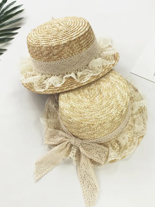 Girls Lace Ribbon and Trim Straw Hat