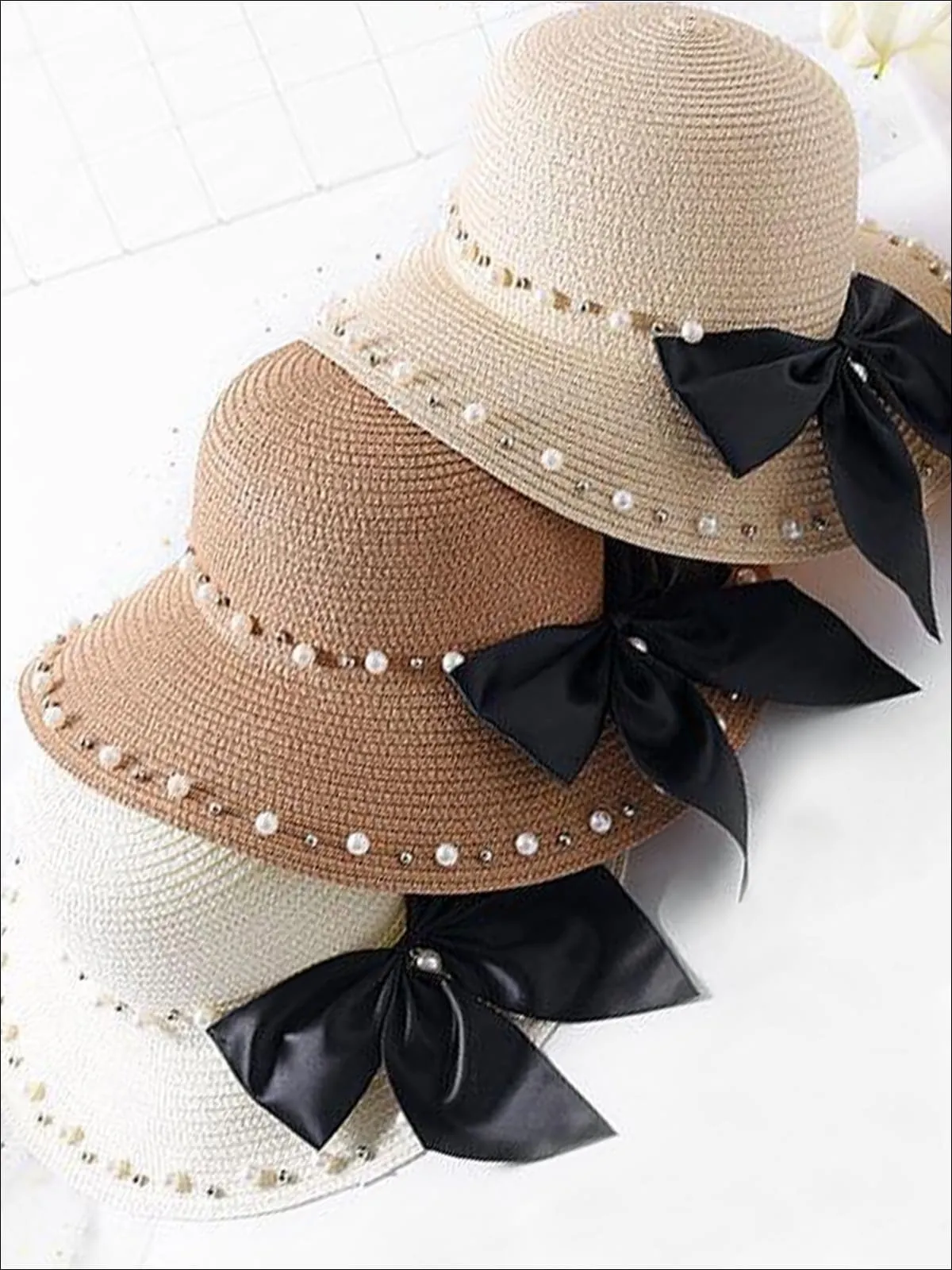 Girls Pearl and Bow Embellished Straw Hat