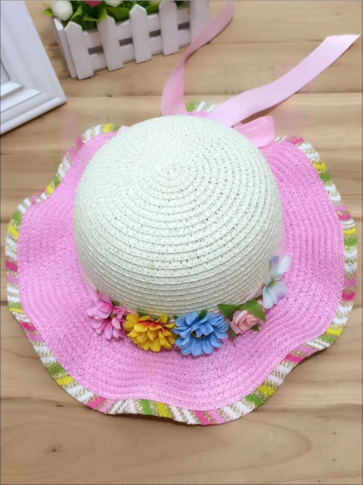 Girls Rainbow Floral Straw Hat