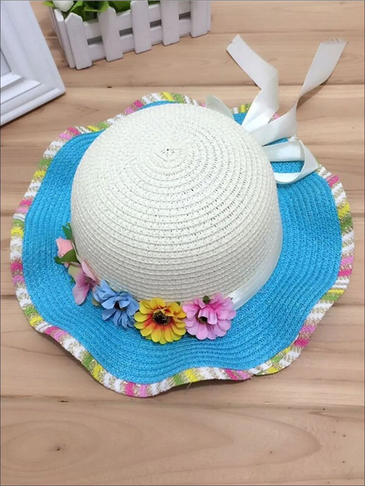 Girls Rainbow Floral Straw Hat