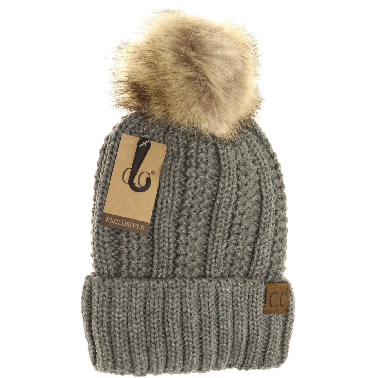 Grey Lined Cable Pom Beanie