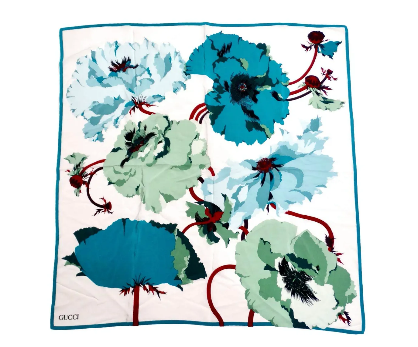 Gucci Floral Silk Blue & Green Poppies Motif Scarf