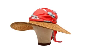 Hermes Chapeau Femme Ombline Coral Printed Silk Scarf Tresse Hat