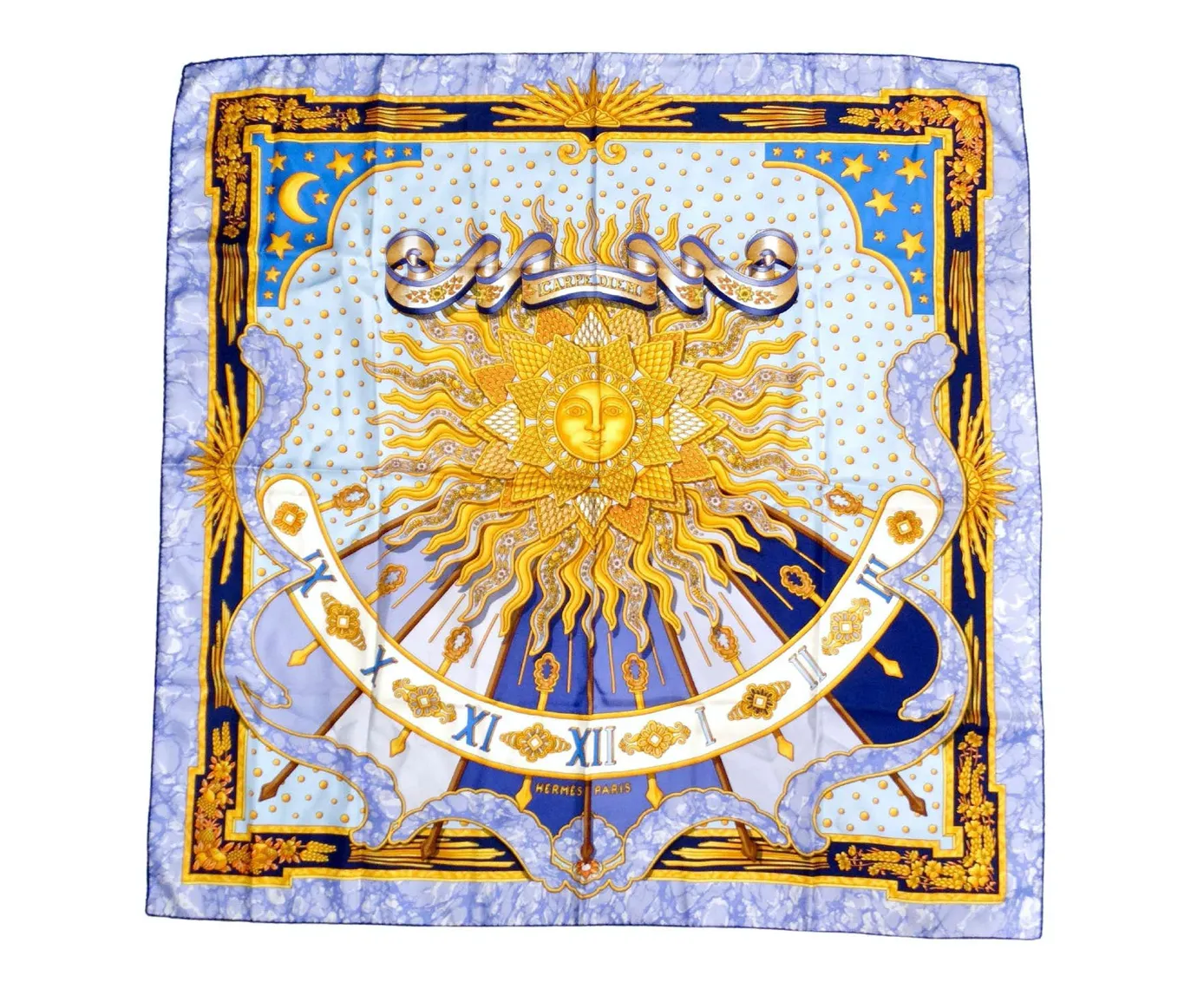 Hermes "Carpe Diem" Purple Printed Sun Motif Silk Scarf