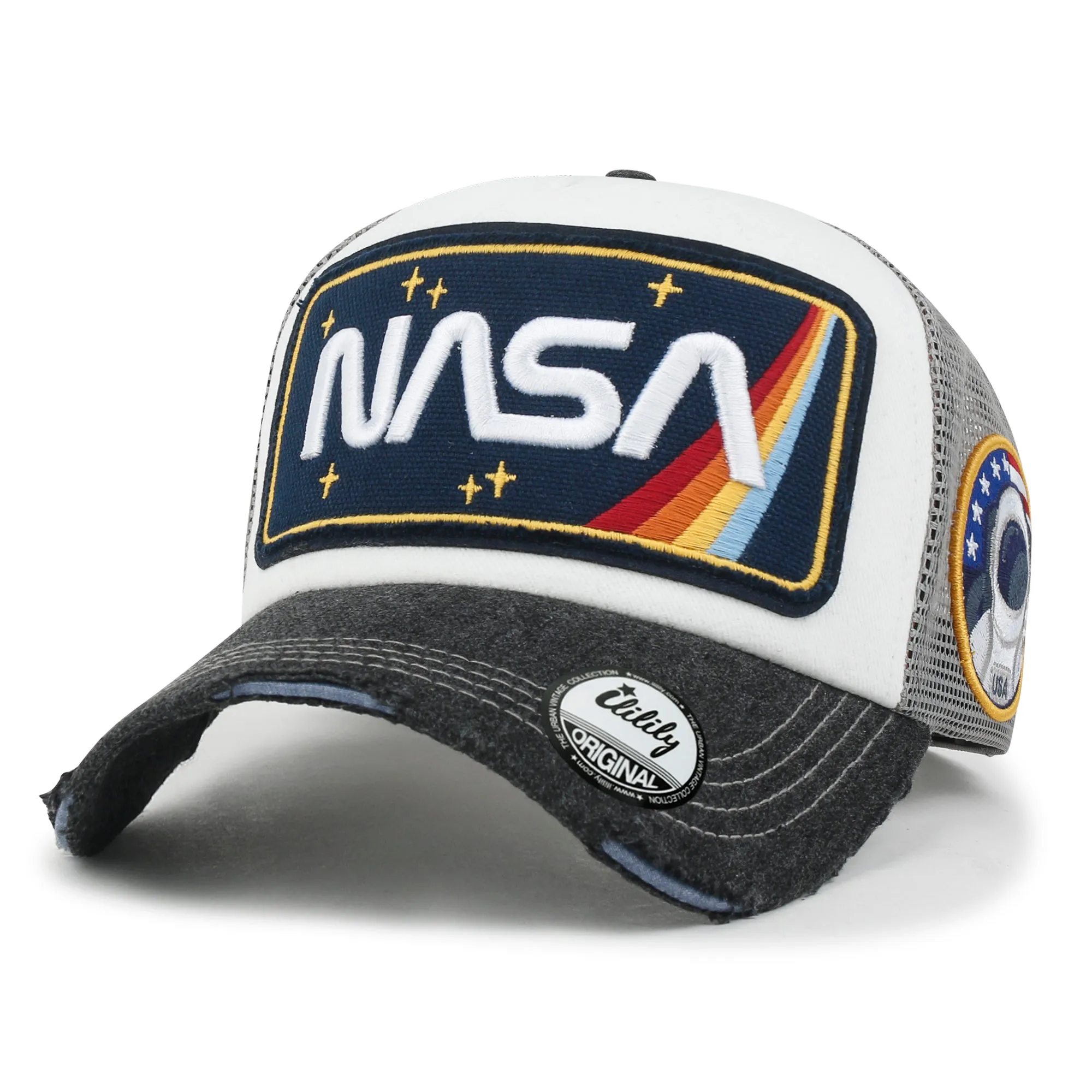 ililily PREMIUM NASA Worm Logo Embroidery Large Structured Baseball Cap Mesh Back Trucker Hat