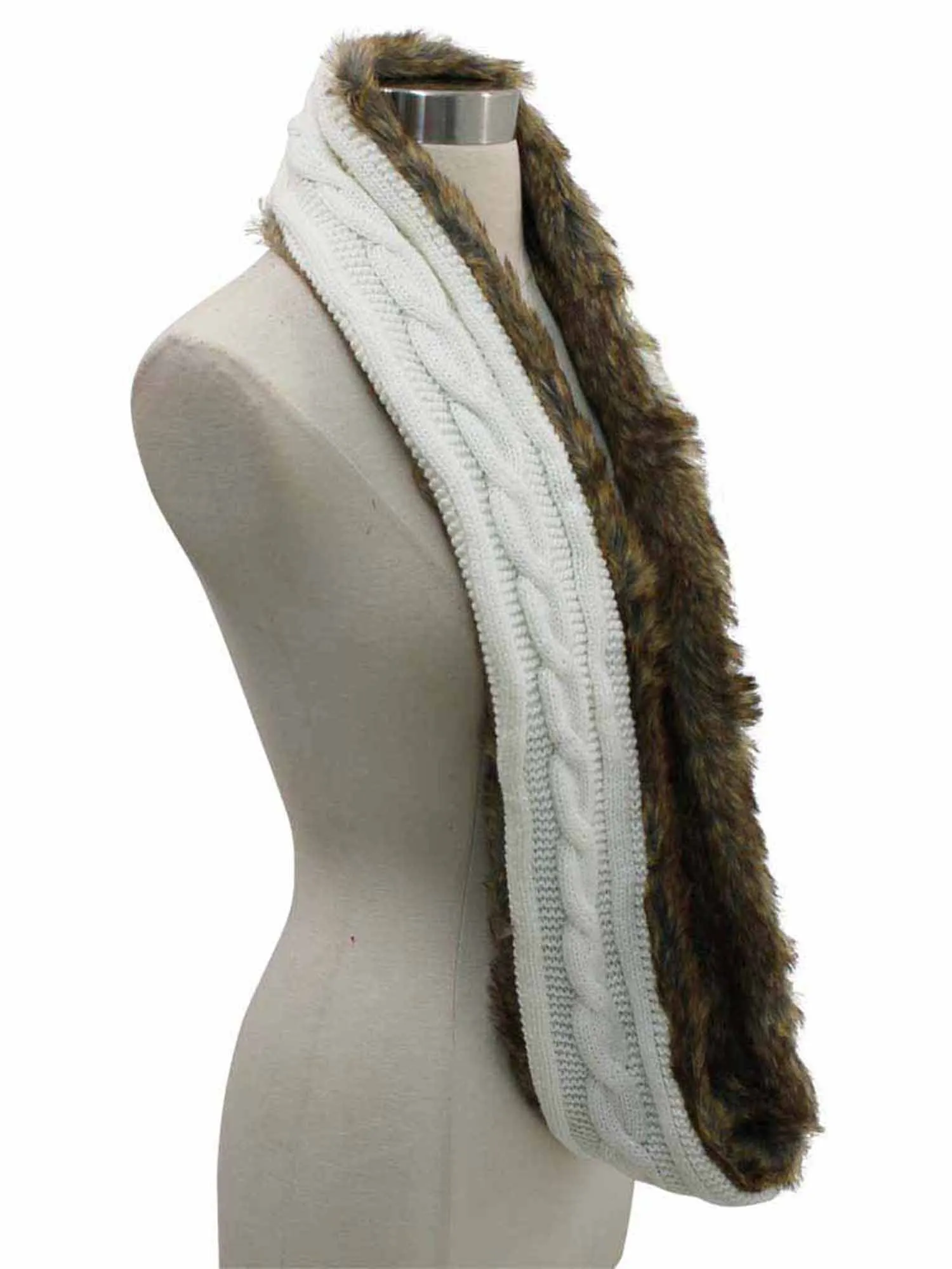 Ivory Cable Knit Infinity Scarf With Faux Fur Lining