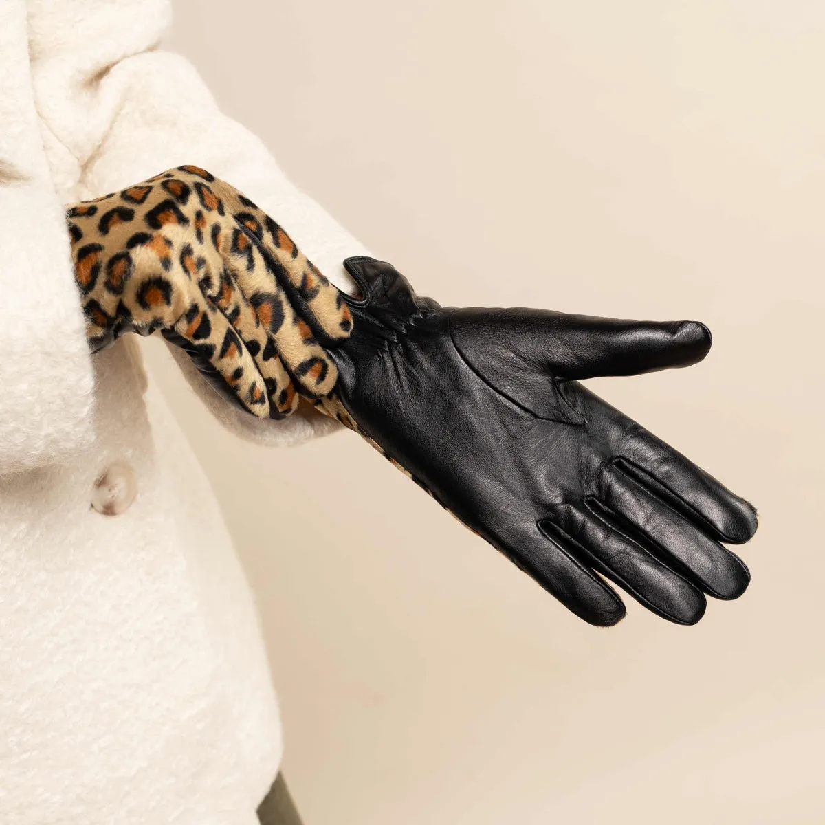 Leopard - sheep leather gloves with warm fleece lining & touchscreen feature