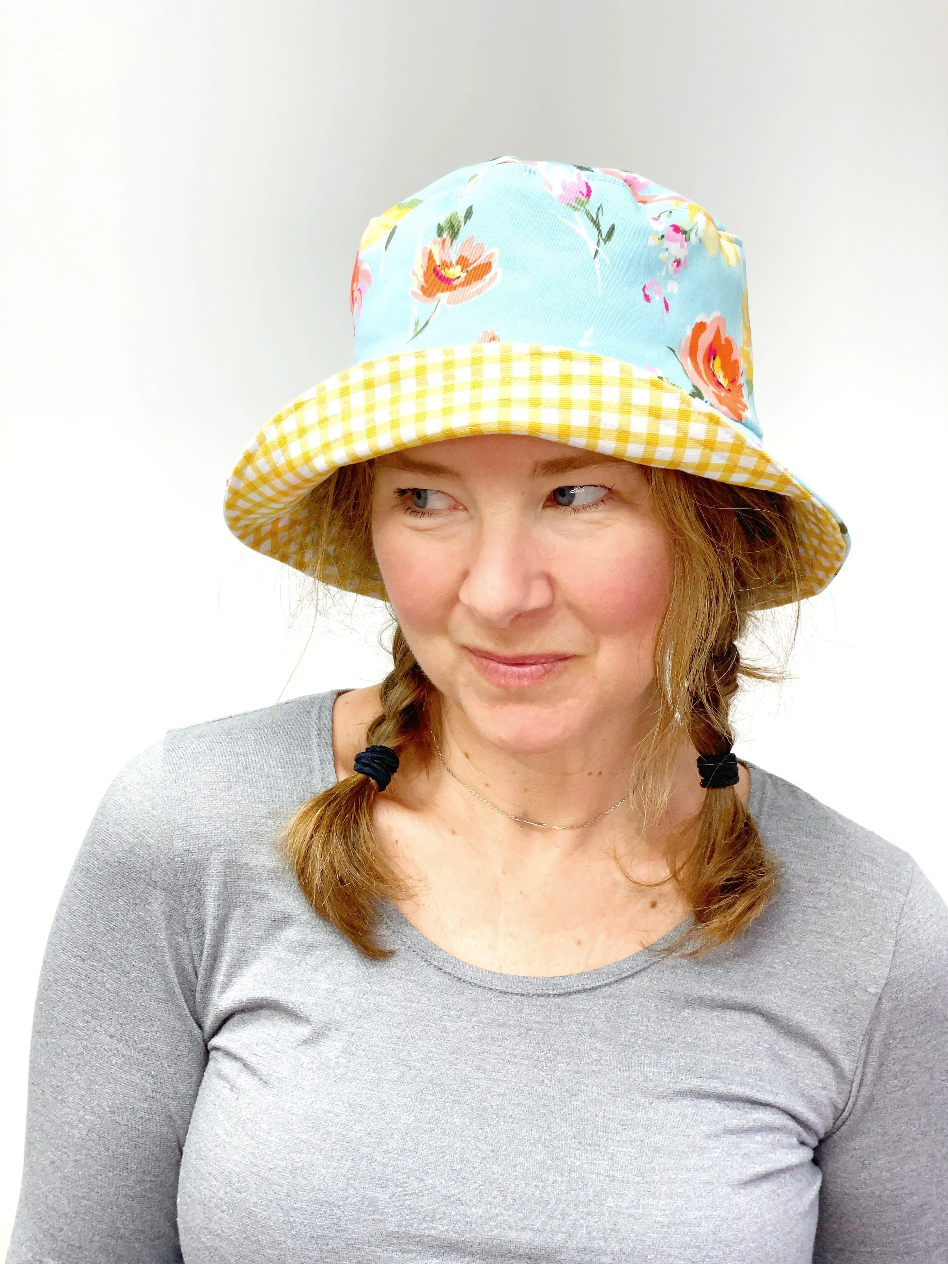 M/L Bucket Hat in Baby Blue Floral and Yellow Gingham, Ready to Ship