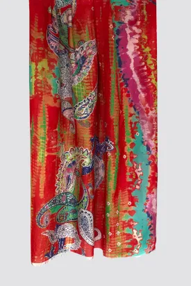 Multi Color Paisley Print Raw Silk Cashmere Scarf