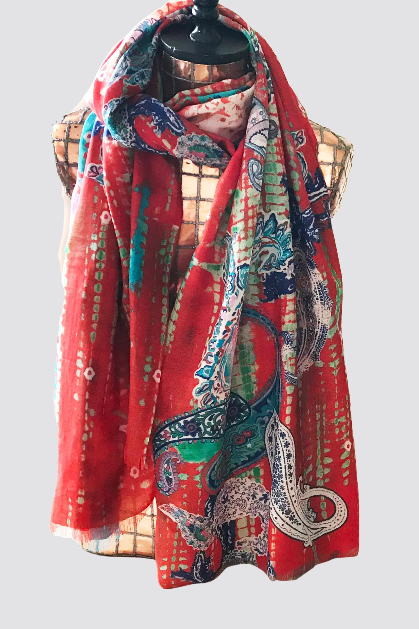 Multi Color Paisley Print Raw Silk Cashmere Scarf