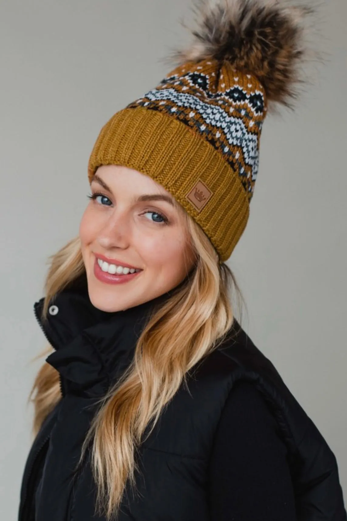 Mustard & Black Patterned Pom Hat - FINAL SALE