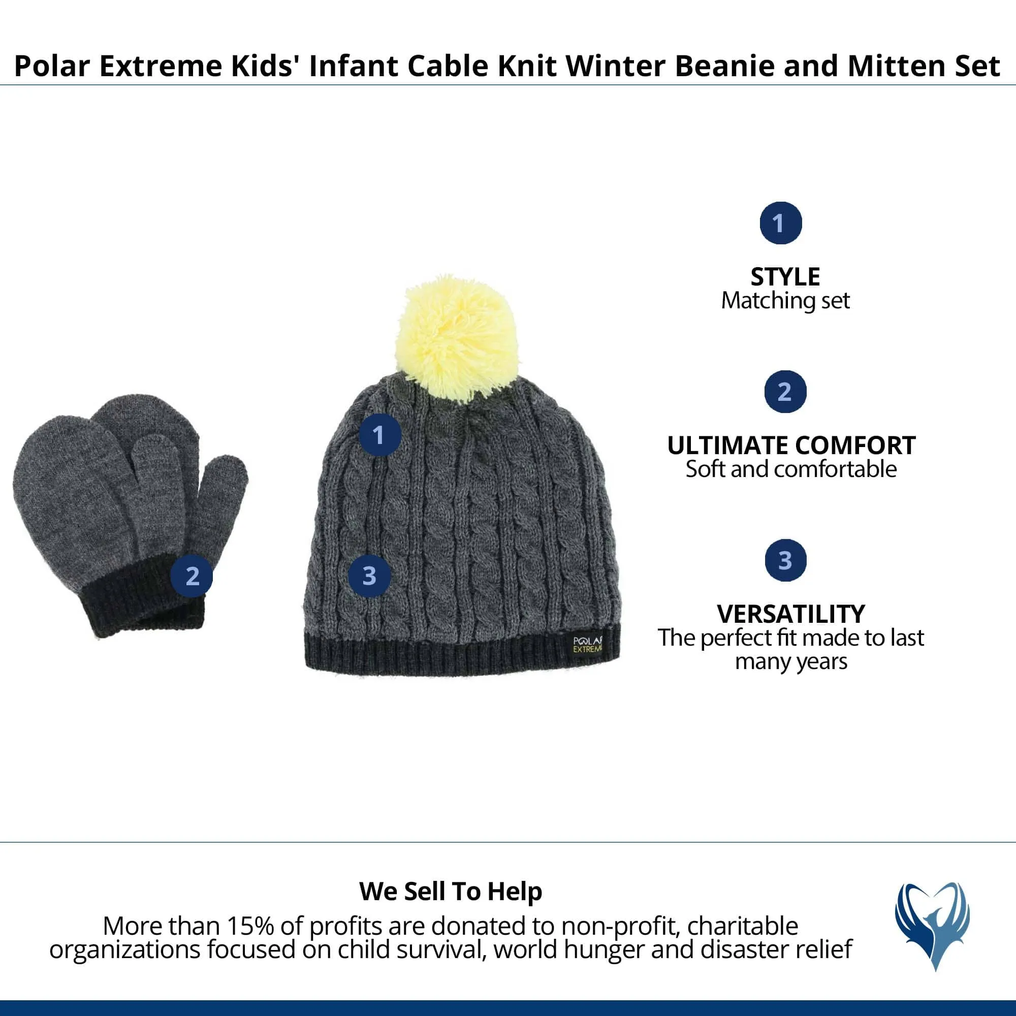 Polar Extreme Kids' Infant Cable Knit Winter Beanie and Mitten Set