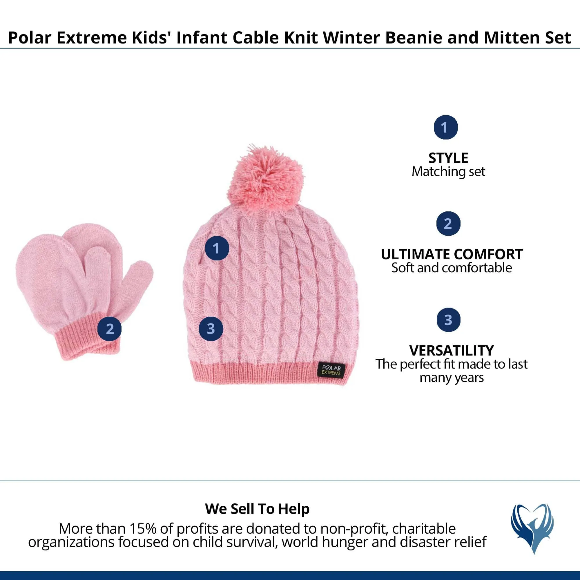 Polar Extreme Kids' Infant Cable Knit Winter Beanie and Mitten Set