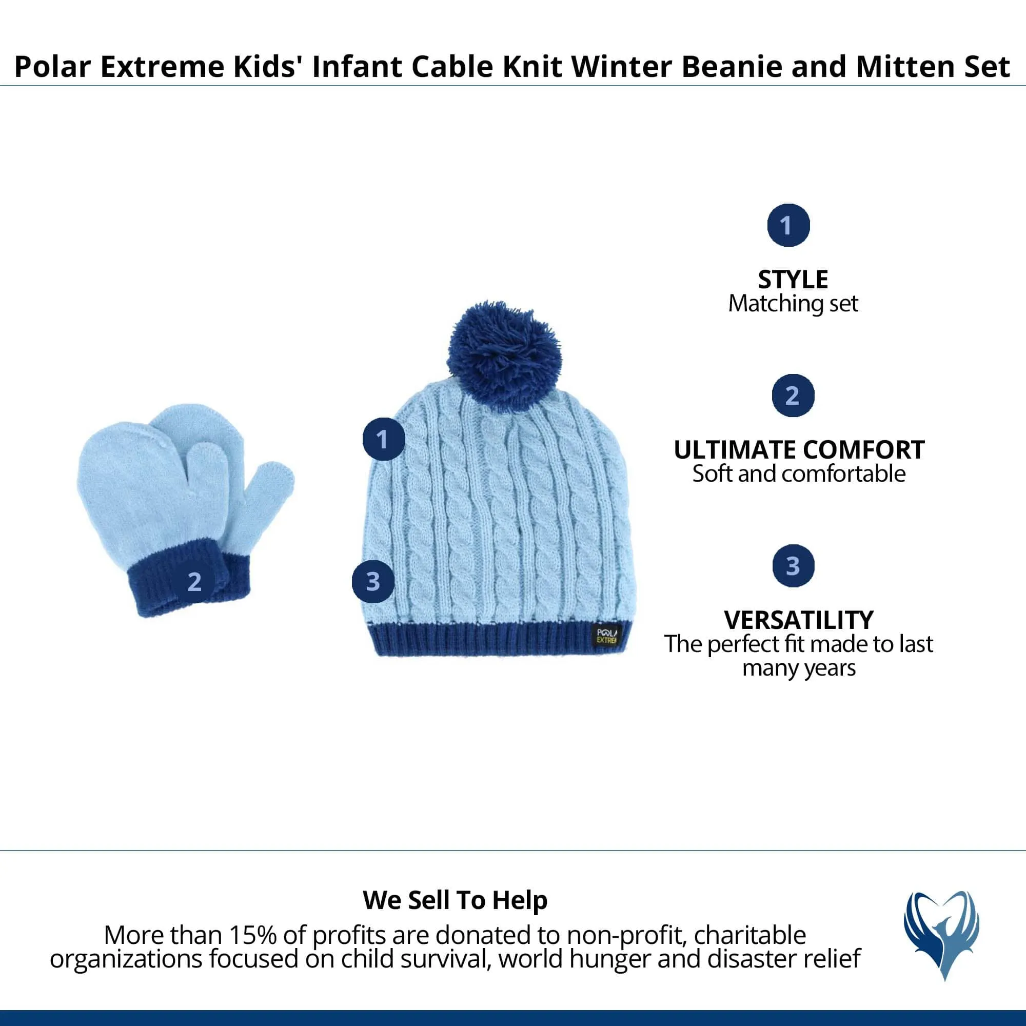 Polar Extreme Kids' Infant Cable Knit Winter Beanie and Mitten Set