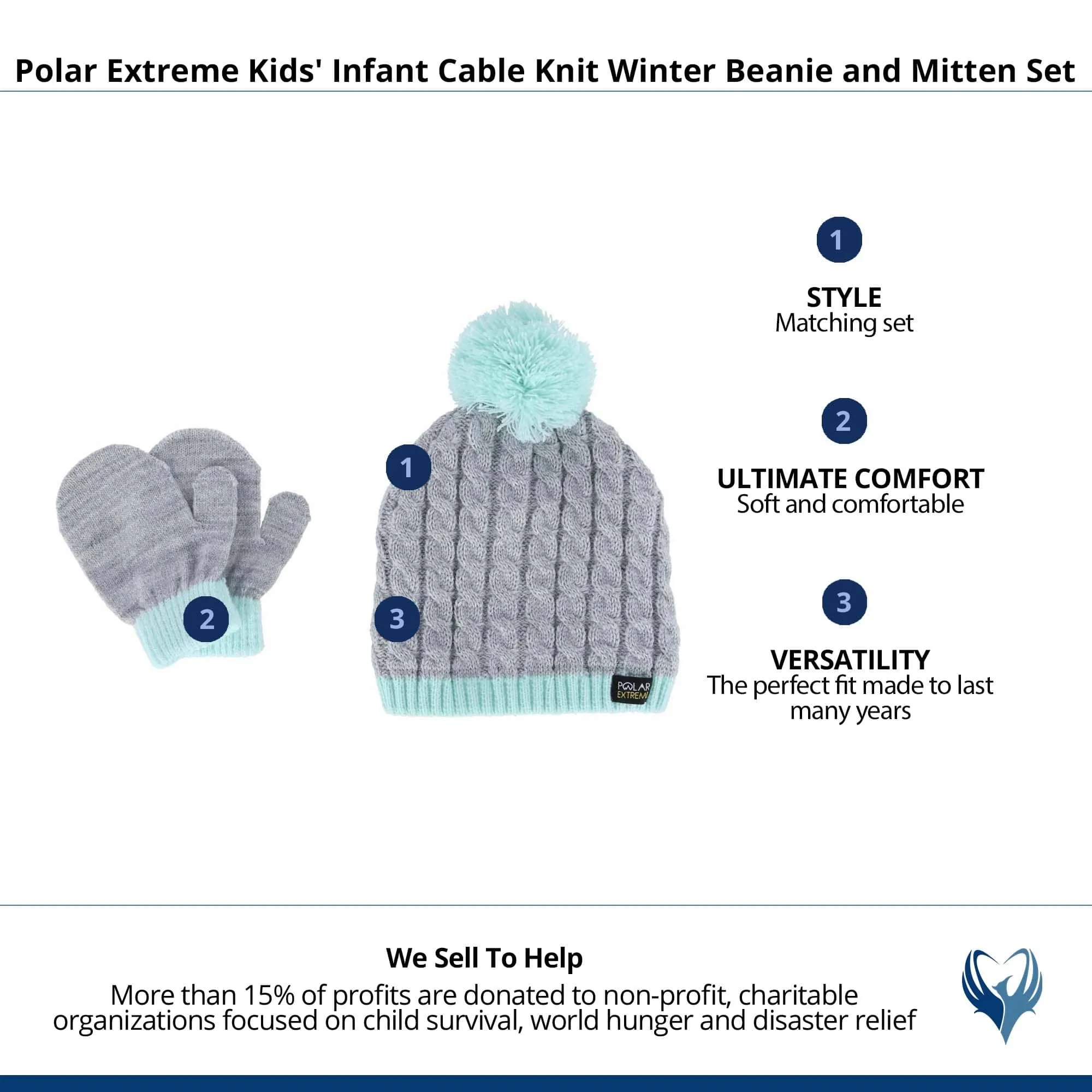 Polar Extreme Kids' Infant Cable Knit Winter Beanie and Mitten Set