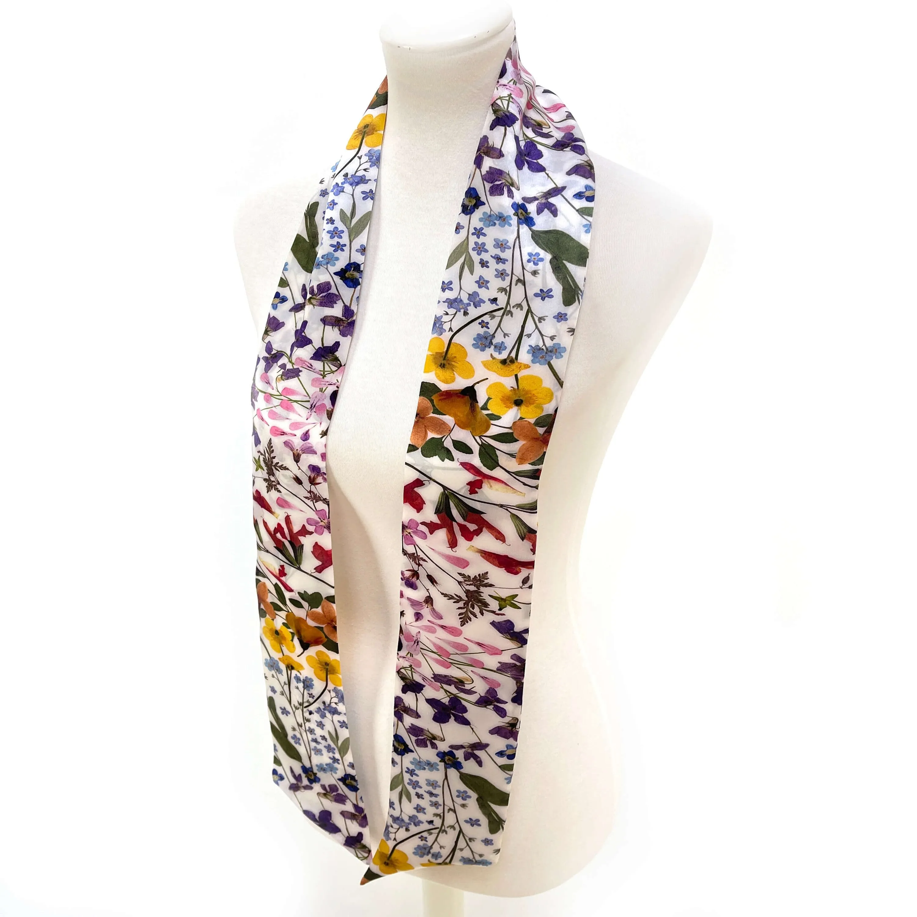 Pure Silk Scarf Pressed Flower Scarf on White, Womans Scarf, Hair Scarf, Neck Scarf, Headband, Designer Scarf, 100% Pure Silk