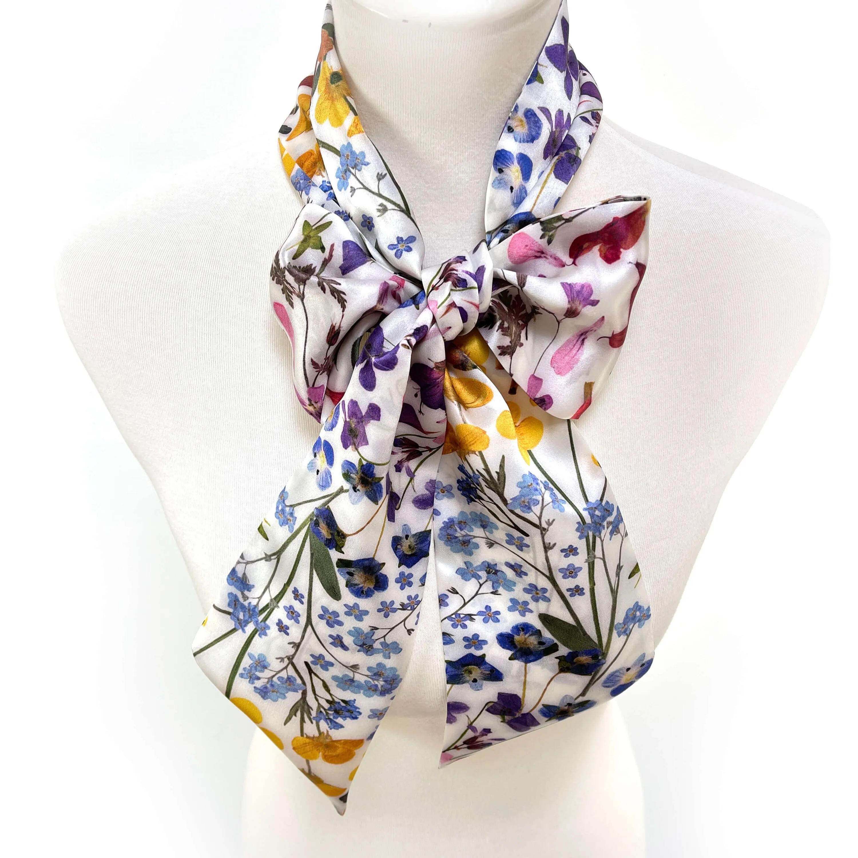 Pure Silk Scarf Pressed Flower Scarf on White, Womans Scarf, Hair Scarf, Neck Scarf, Headband, Designer Scarf, 100% Pure Silk