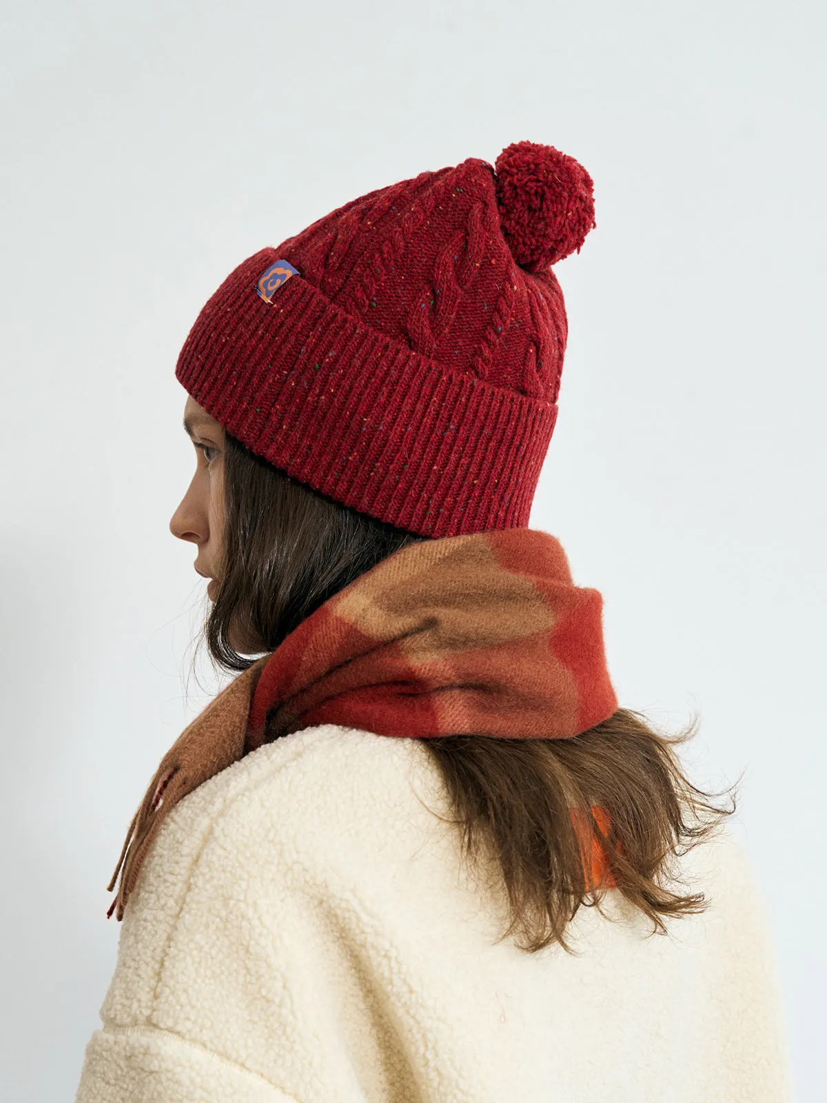 "Pom Pom" Cable Knit Wool Beanie Hat - Wine Red