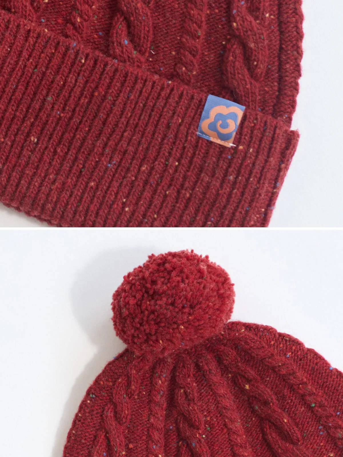 "Pom Pom" Cable Knit Wool Beanie Hat - Wine Red